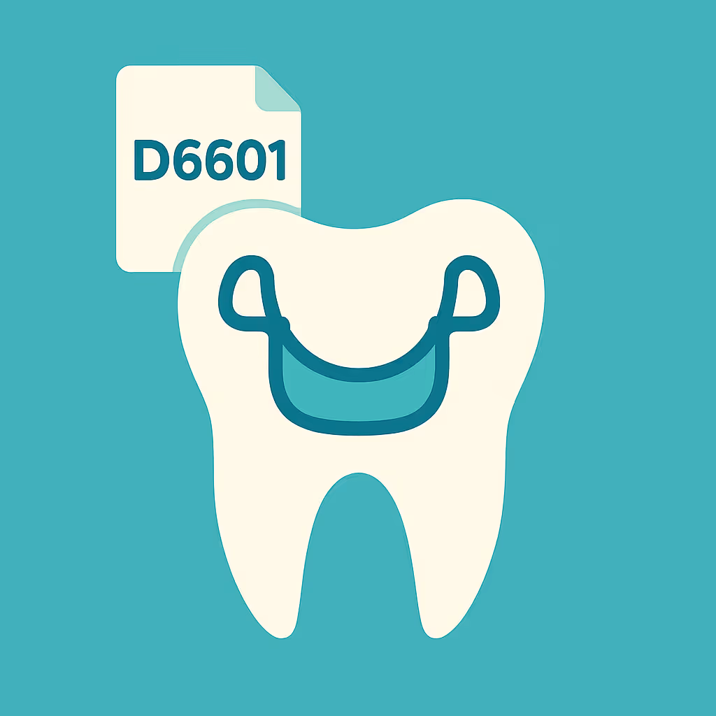 illustration of a large tooth on a teal background featuring a metal partial denture inside its outline and a paper icon labeled D6601 behind the tooth