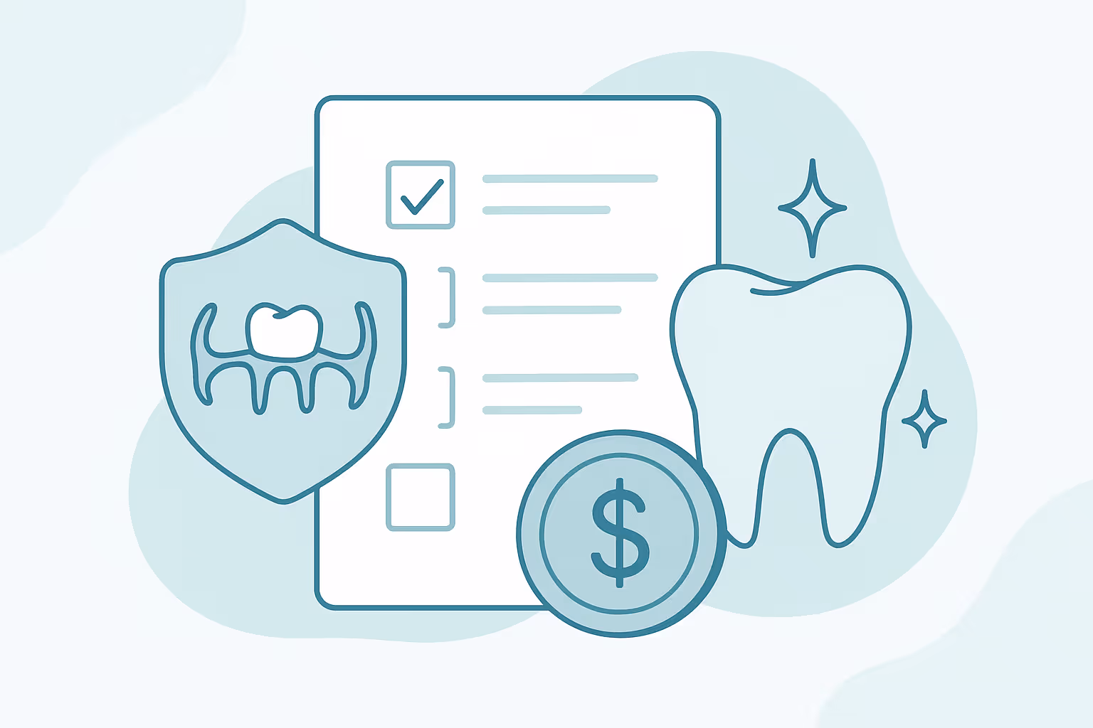 shield with stylized tooth icon in front of a checklist form a coin with dollar sign and a sparkling tooth symbolizing dental coverage cost and care