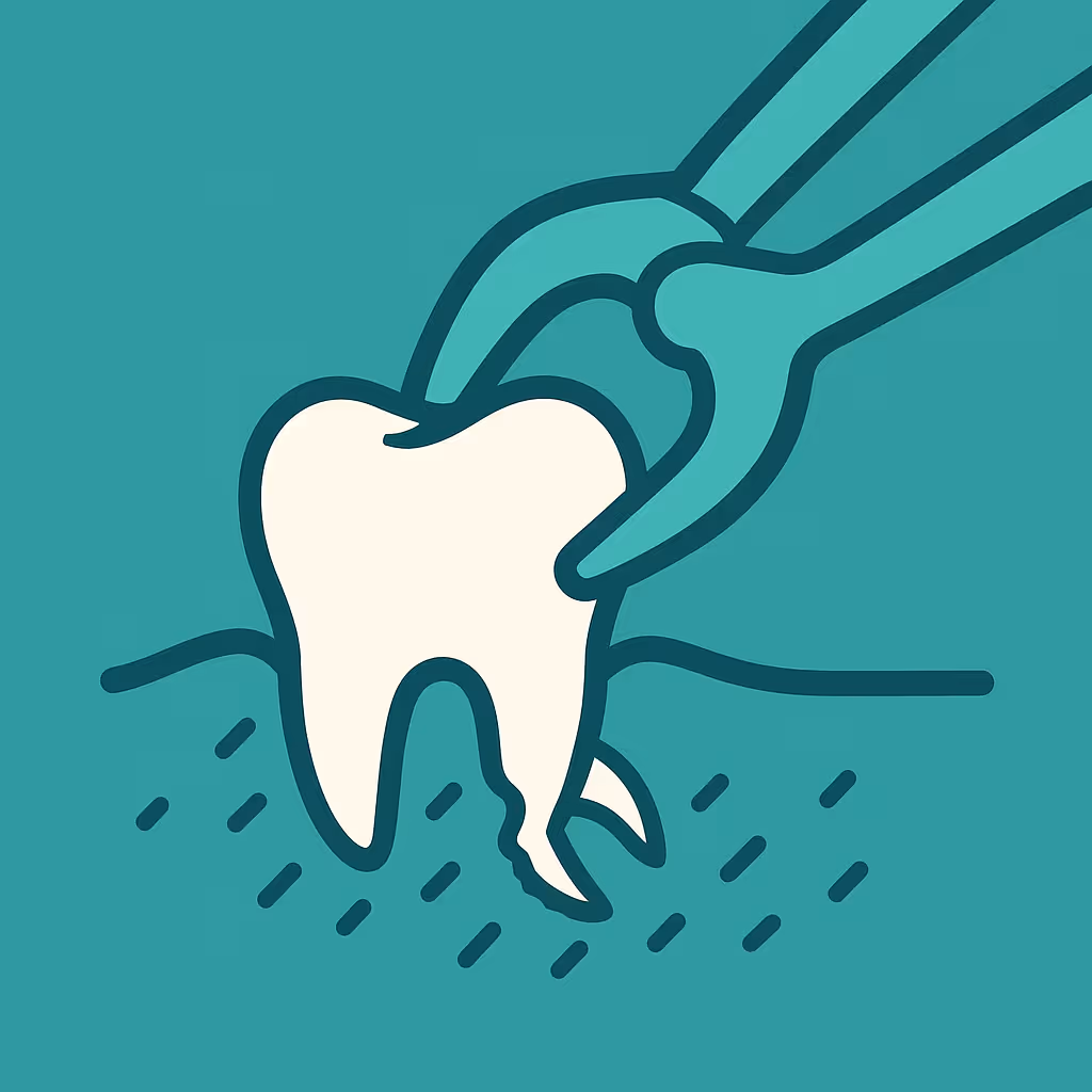 Cartoon style illustration showing a white molar tooth being pulled from gums by dental forceps on a teal background
