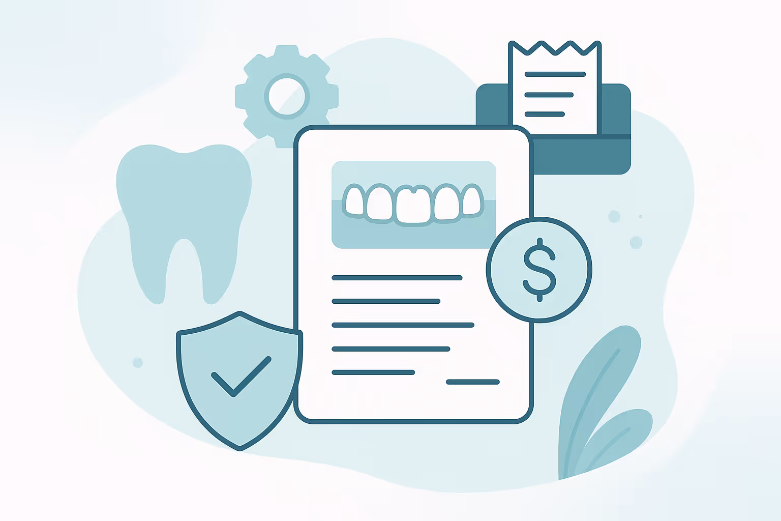 stylized illustration of dental insurance concept featuring tooth icon document showing row of teeth and text gear icon receipt shield with checkmark and dollar symbol