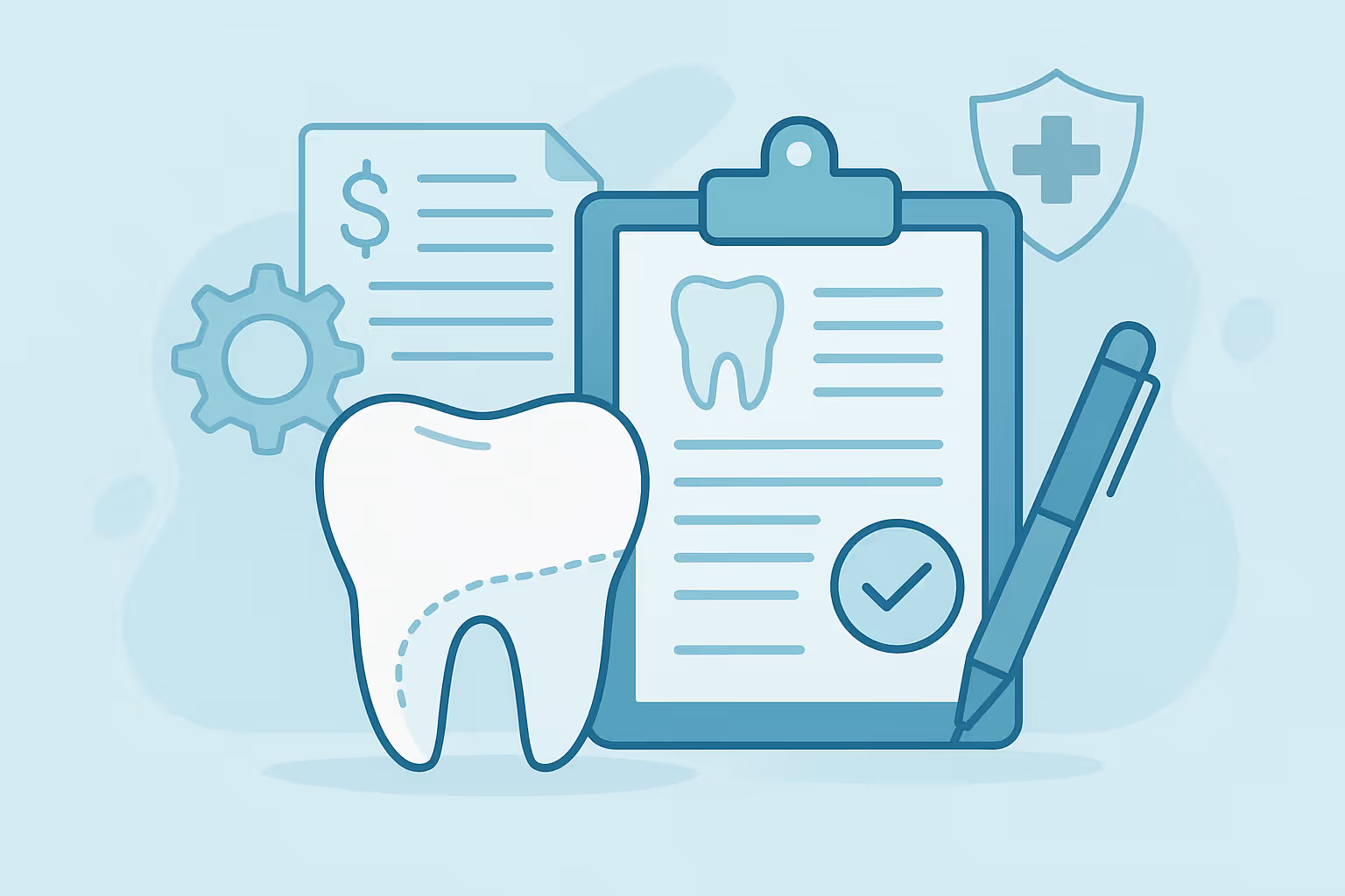 illustration of a stylized tooth next to a clipboard showing a tooth icon and checkmark a pen a shield with a medical cross a gear and a document with a dollar symbol representing dental insurance and treatment planning