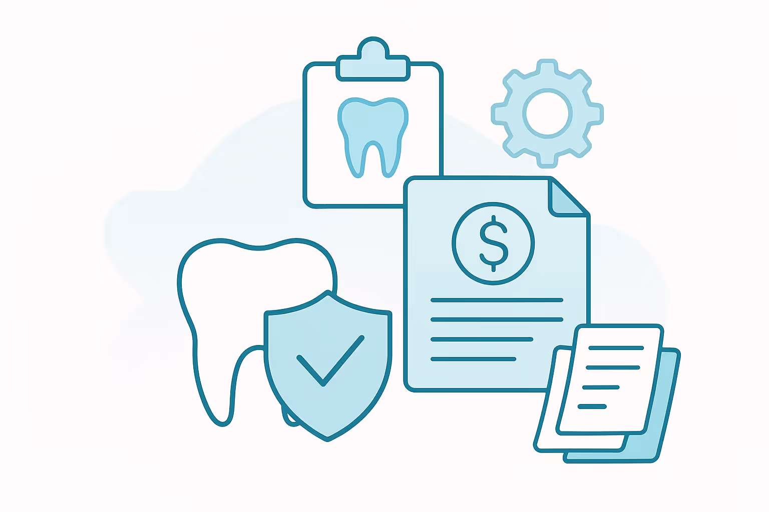 Line illustration of a tooth with a shield bearing a check mark next to a document with a dollar sign a clipboard showing a tooth icon a gear symbol and stacked papers