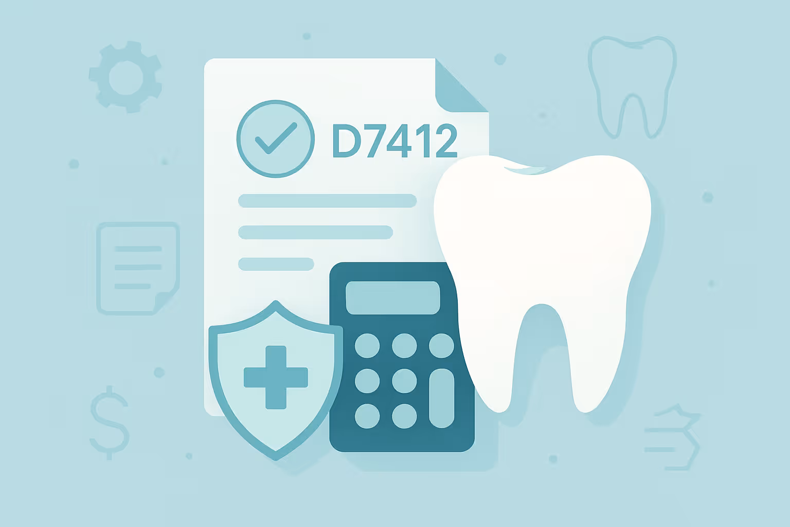 vector illustration of a white paper form showing a checkmark and code D7412 alongside a shield with a cross a calculator and a large tooth icon on a pale teal background with faint medical and financial symbols