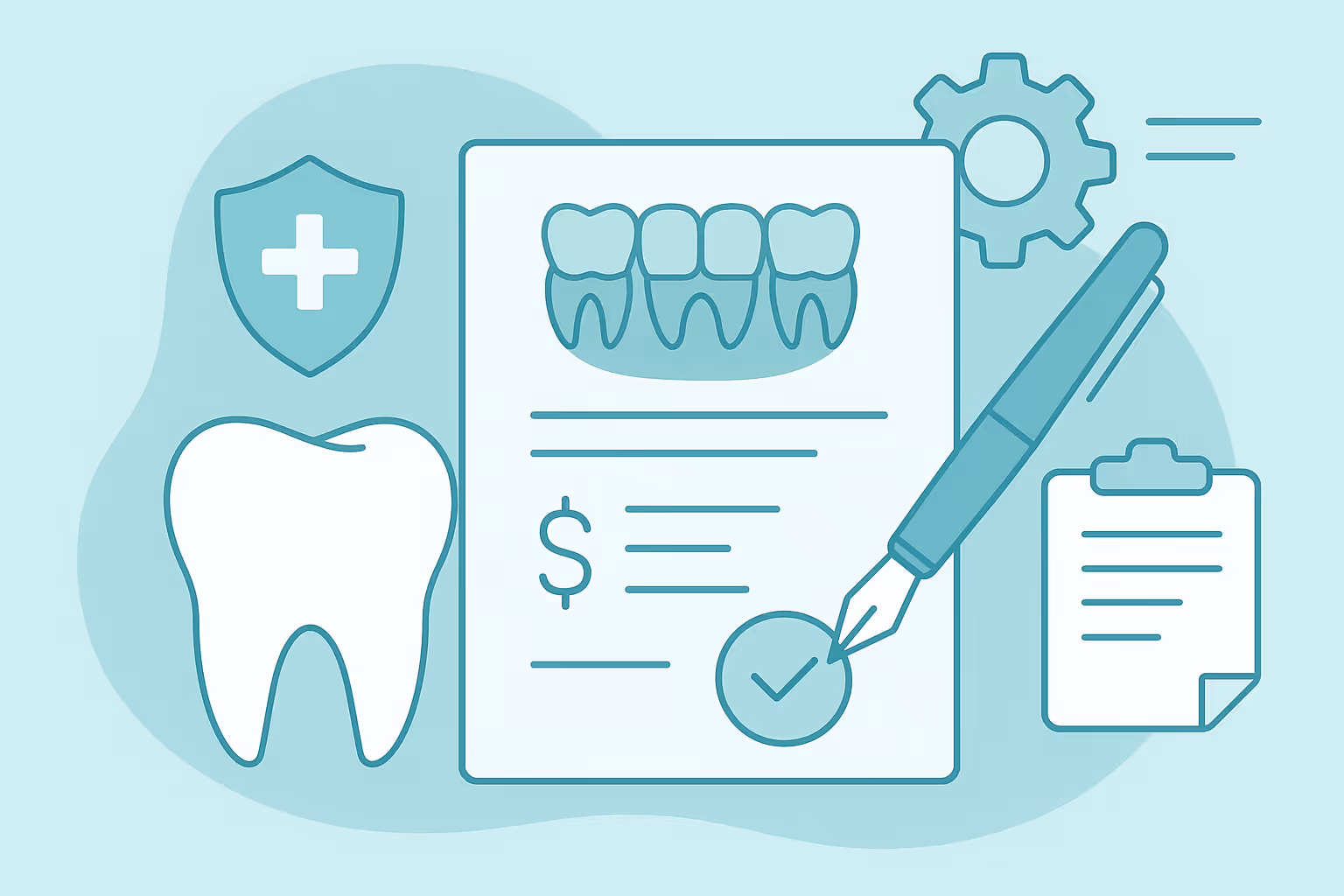 vector illustration of a dental insurance form showing stylized teeth icons lines of text a dollar sign and a pen marking a check alongside a large tooth graphic a shield with a medical cross a gear icon and a clipboard