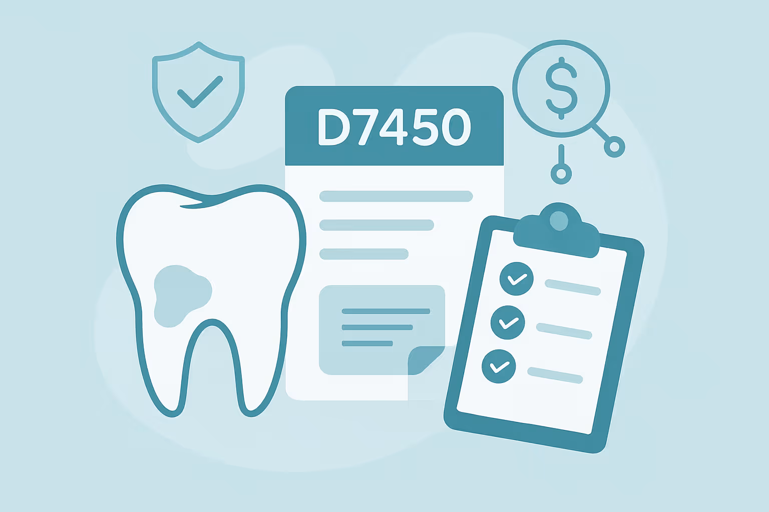 Stylized tooth with cavity icon beside a document labeled D7450 and a clipboard showing three checkmarks with a shield and dollar sign icon representing dental procedure insurance and cost