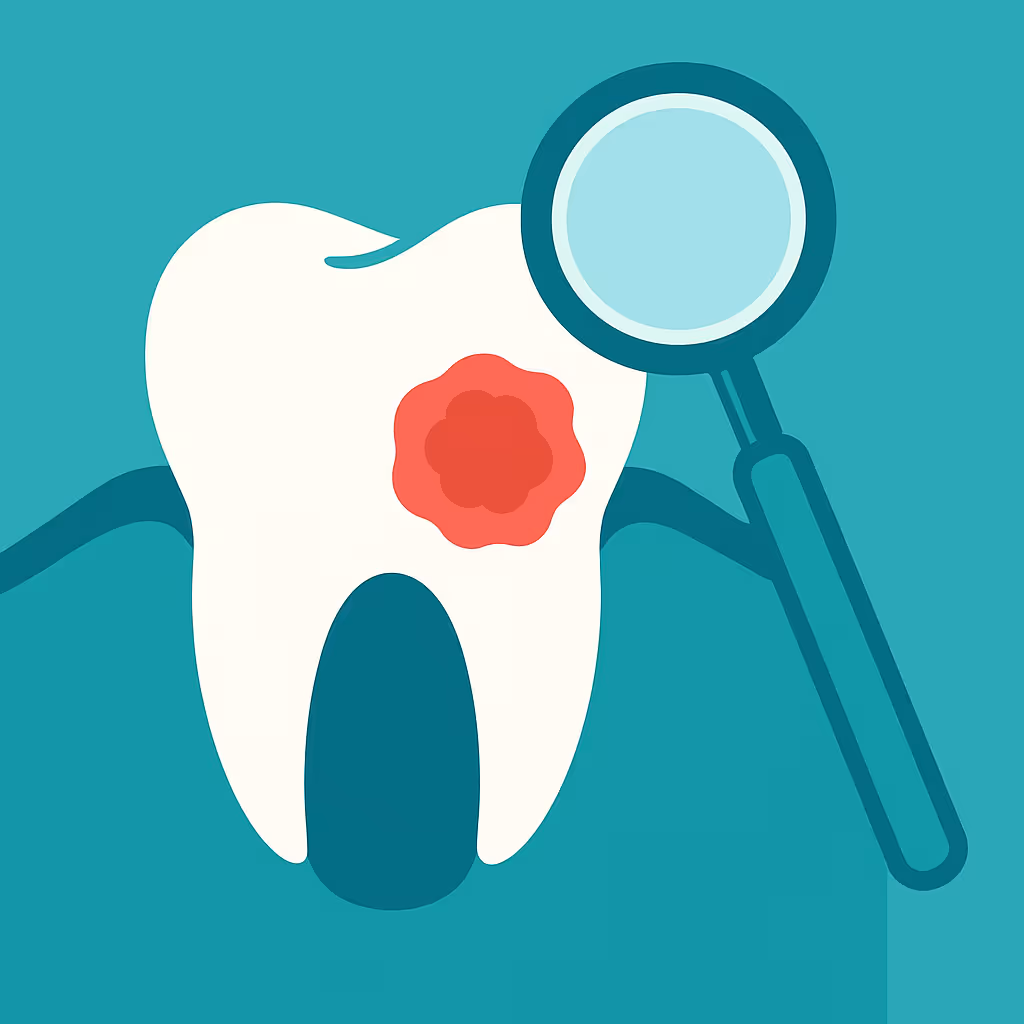 simplified graphic of a large white tooth showing a red sore area and a magnifying glass on a teal background