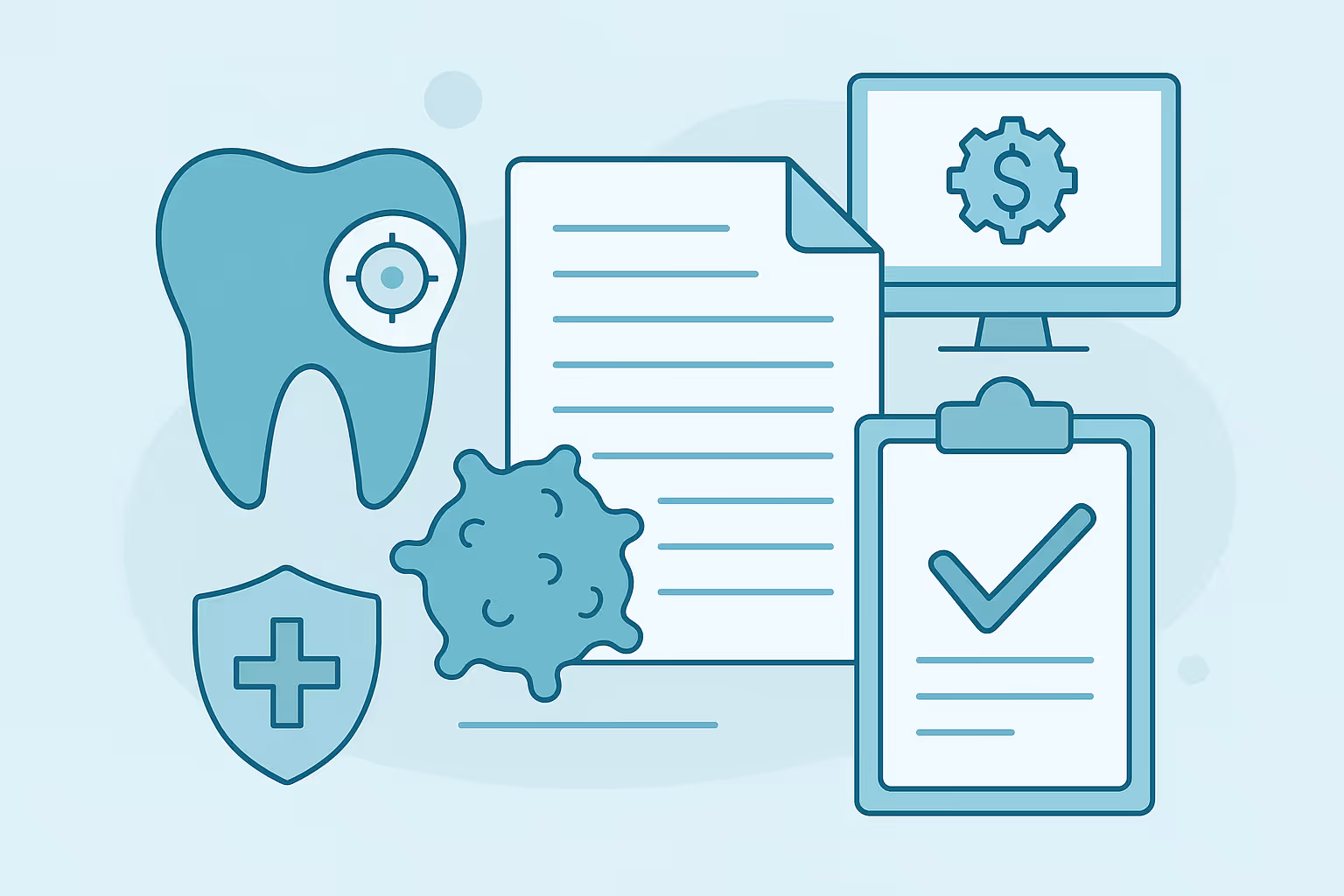illustration of a stylized tooth with a target symbol shield bearing a medical cross virus icon sheet of paper clipboard with a check mark and a computer monitor displaying a gear with a dollar sign