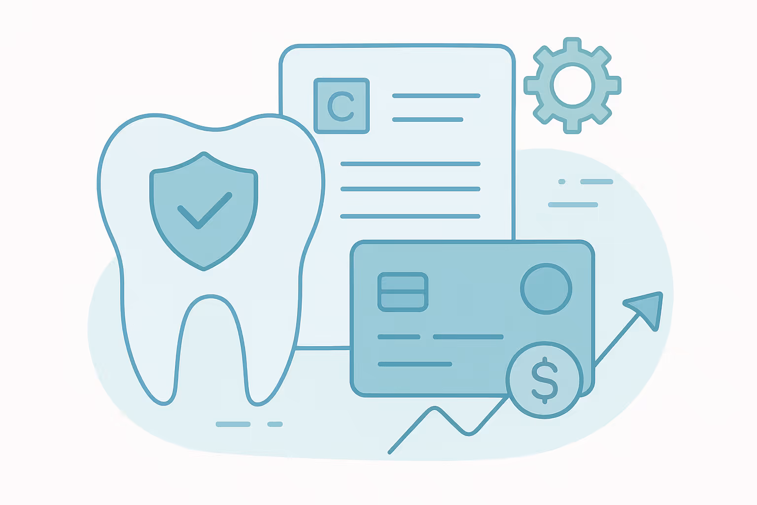 A stylized tooth shape with a shield and check mark overlay next to a document outline gear icon credit card shape dollar sign coin and upward trending arrow line