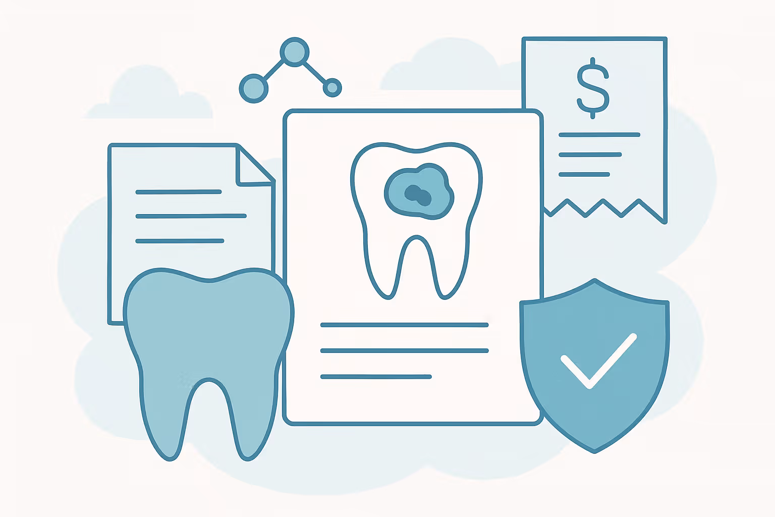 stylized illustration of a healthy tooth document showing a tooth with a cavity blank document receipt with a dollar sign shield with a checkmark and a simple network nodes icon on a cloud background