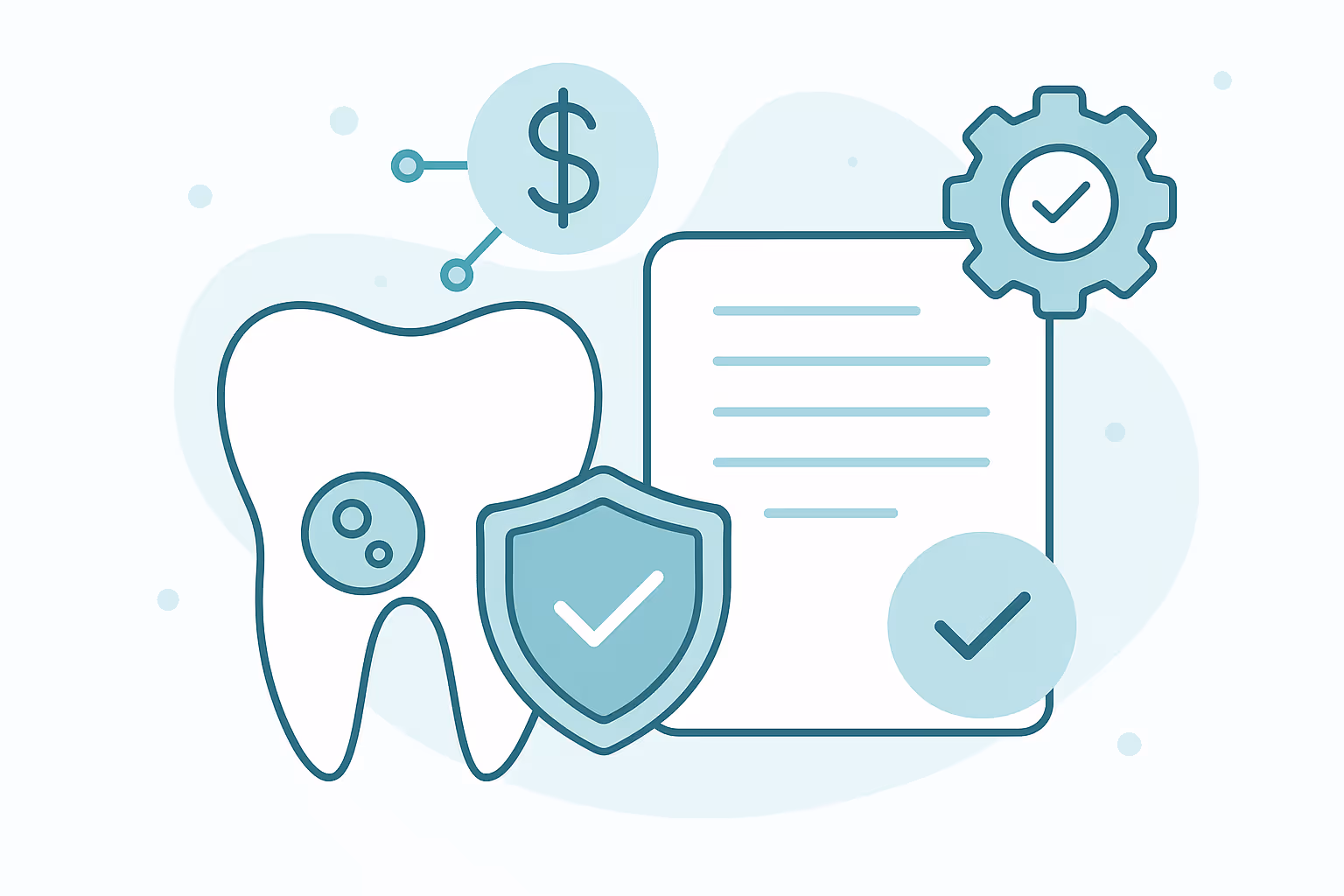 Tooth outline with shield and checkmark overlapping document icon gear icon and dollar sign symbol representing approved dental insurance coverage