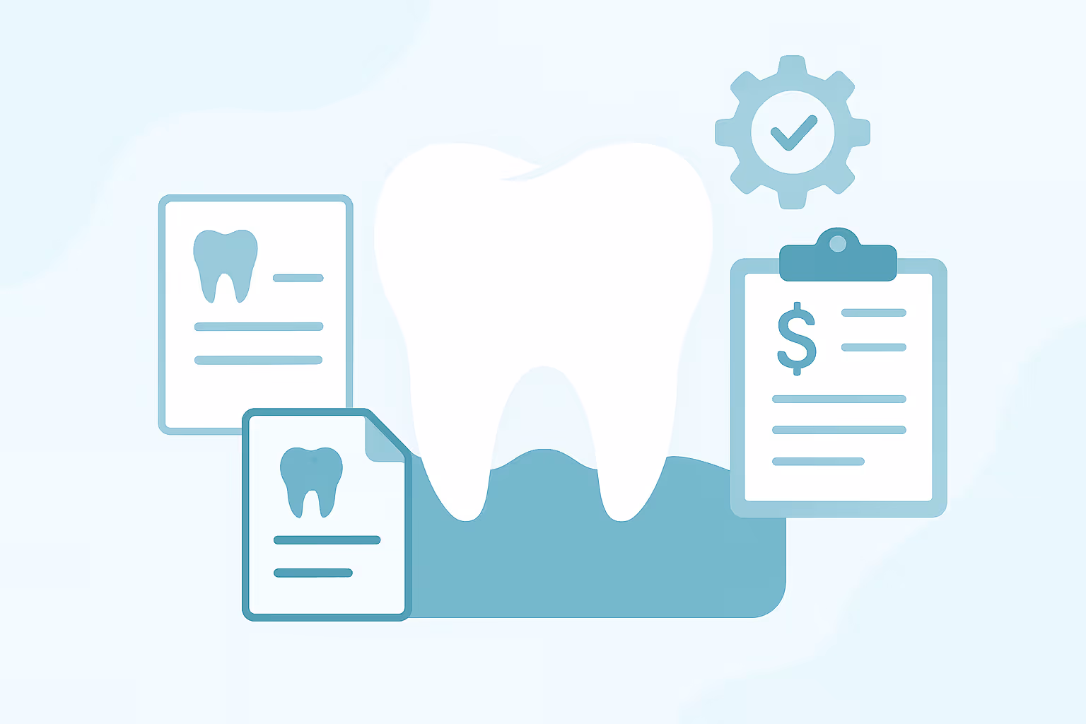 Center white tooth icon flanked by two stylized tooth document icons on the left a clipboard showing a dollar sign on the right and a gear icon with a checkmark above on a pale blue abstract background