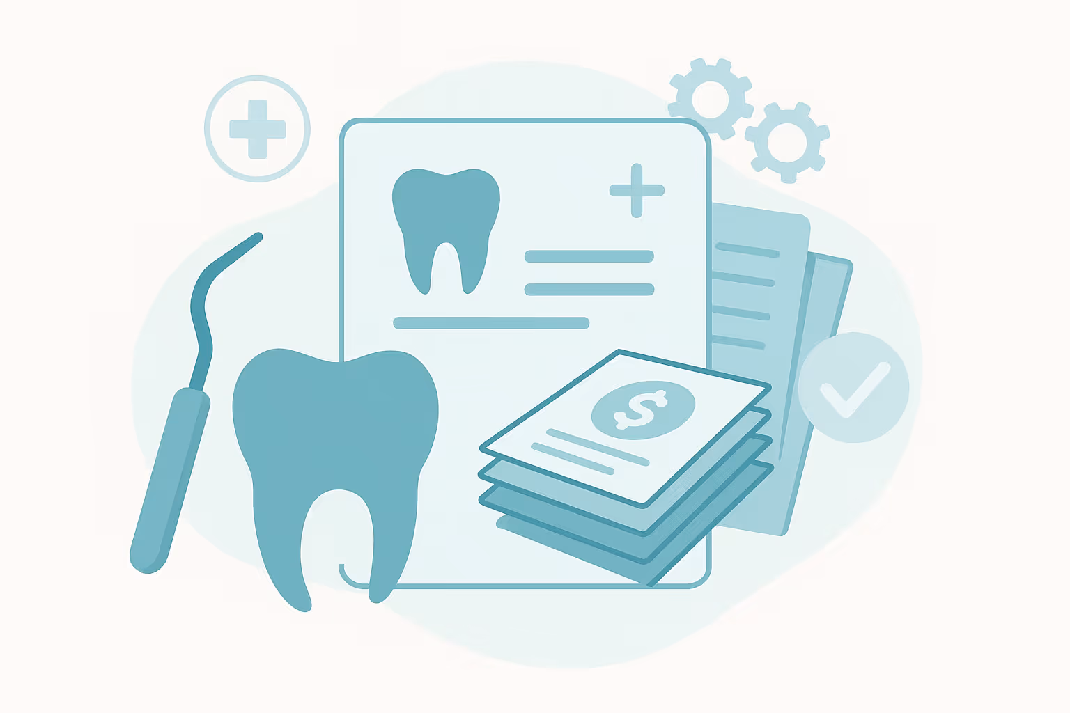 Stylized illustration of a large tooth a dental tool and a stack of papers with dollar sign a medical cross and gear icons