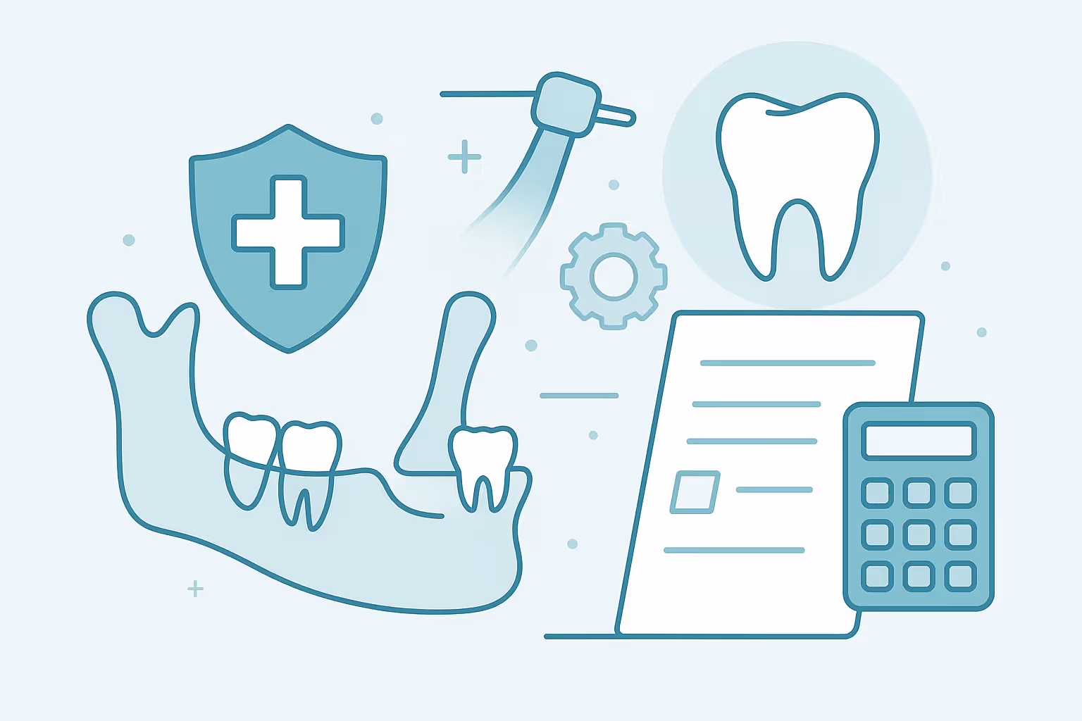 stylized teal line drawing of dental care elements featuring a lower jaw with teeth and floss a medical shield with a cross a dental drill a gear icon a paper form a calculator and a large tooth silhouette