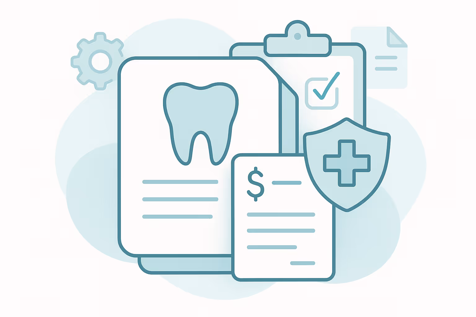 Light teal illustration of dental insurance concept showing large document with tooth icon smaller paper with dollar sign shield with medical cross clipboard with checkmark gear and abstract document shapes in background