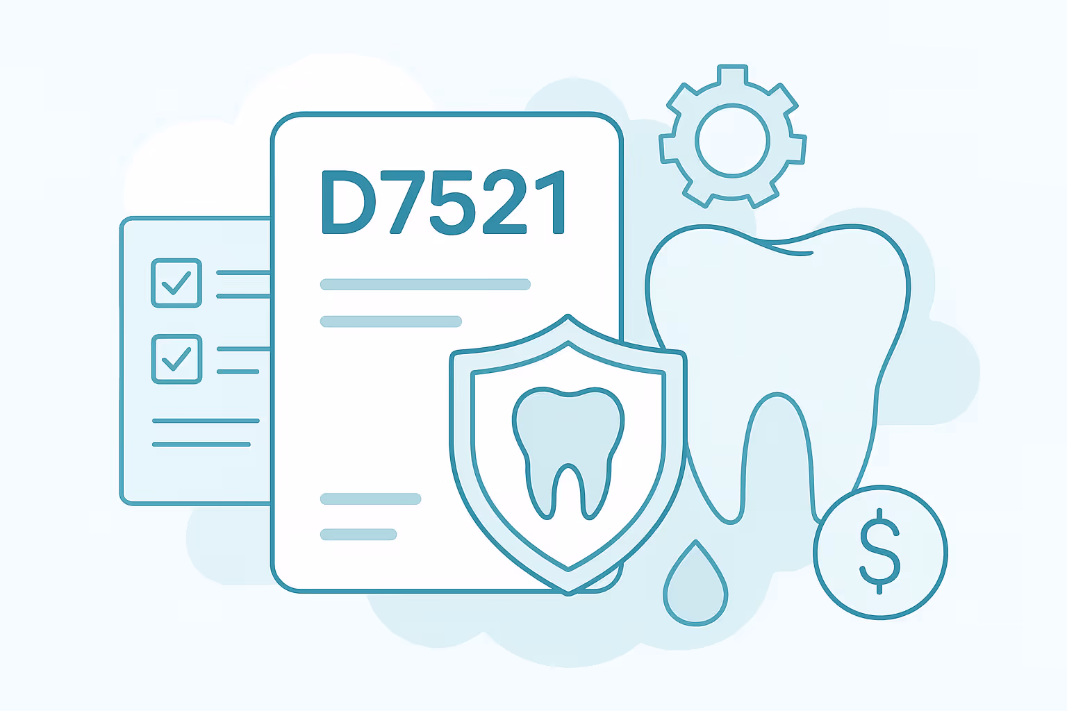 stylized illustration of overlapping documents one labeled D7521 a shield bearing a tooth icon a large molar gear icon a water droplet and a dollar sign representing dental insurance and costs