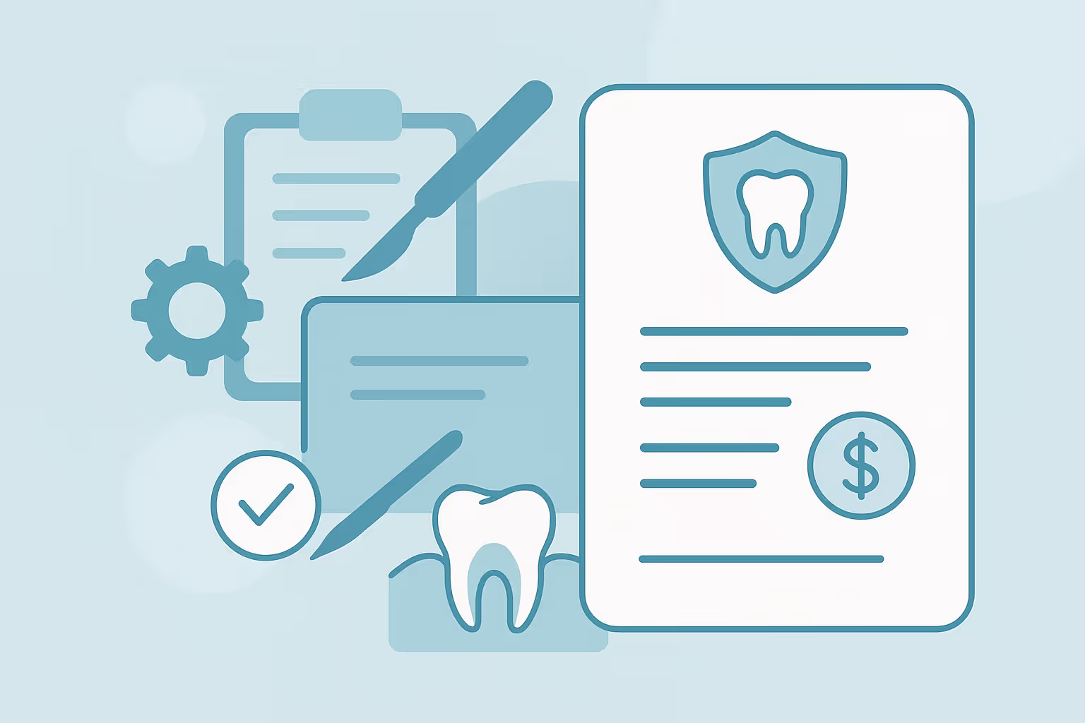 Teal flat style illustration of a dental insurance form with shield and tooth icon and dollar sign surrounded by icons of a scalpel a clipboard a gear a checkmark and a tooth