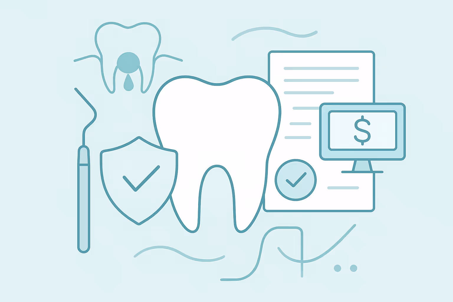 Illustration of a large tooth surrounded by a dental tool a shield with check mark a document icon with check mark and a computer screen showing a dollar sign in soft teal tones