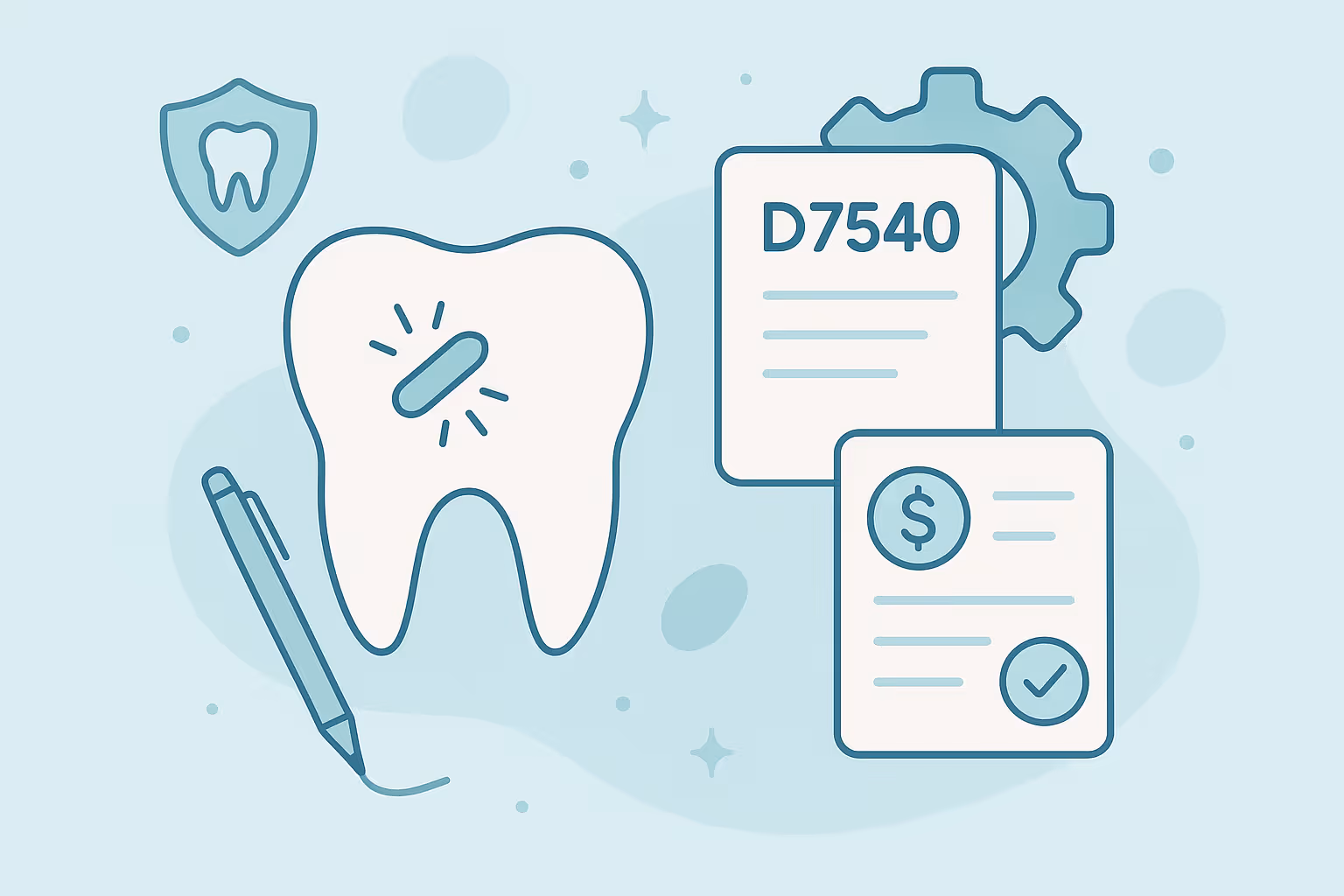 Large stylized tooth with a pill icon and radiating lines shield with a tooth emblem pen drawing a line medical code document marked D7540 gear icon billing sheet with dollar sign and checkmark