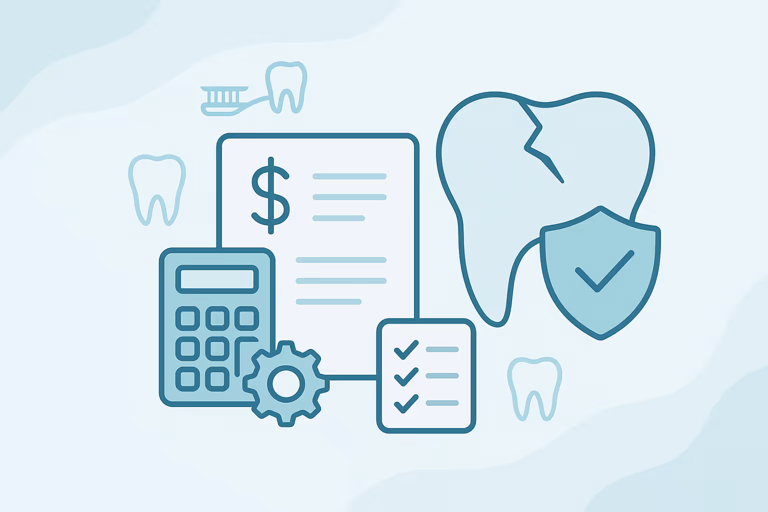 stylized blue line illustration of a cracked tooth with a protective shield and checkmark beside icons of a document displaying a dollar sign a calculator a gear and a checklist with a toothbrush and floating tooth symbols on a light blue background