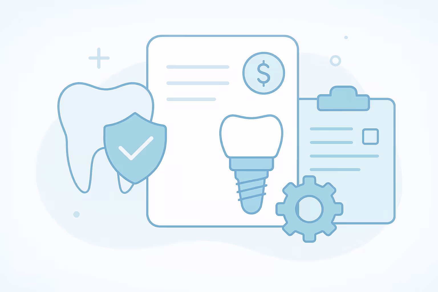 Stylized tooth icon with a shield and checkmark beside a document showing a dental implant screw and a dollar symbol along with a clipboard and gear symbolizing dental treatment planning and insurance