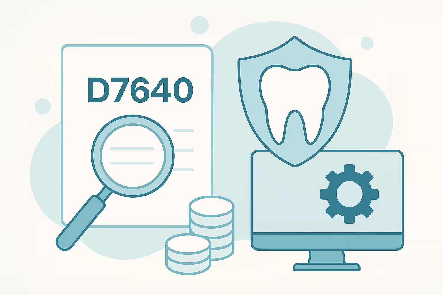 Illustration of a document displaying D7640 magnified by a magnifying glass stacks of coins a shield bearing a tooth icon and a computer monitor displaying a gear symbol