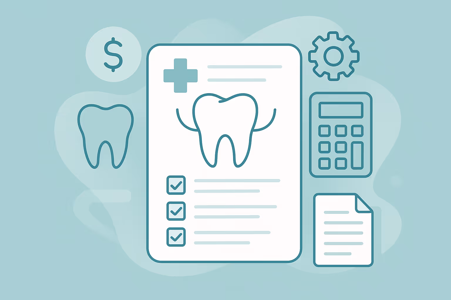 Illustration of a dental document with a large tooth icon a medical cross and three checked items beside a dollar sign gear symbol calculator and paper sheet on a light teal background