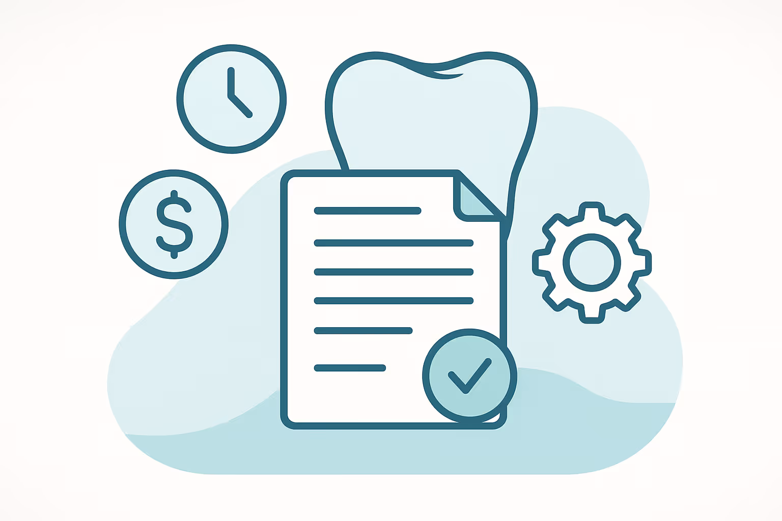 Stylized contract or invoice document with horizontal text lines and circular check mark in foreground a large tooth icon behind symbolizing dentistry flanked by a clock icon a dollar sign icon and a gear icon on a light blue abstract background