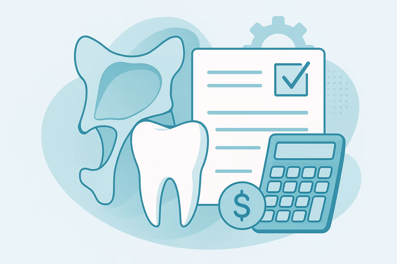 Stylized teal illustration of a large tooth in front of an abstract bone shape beside a paper form with a checkmark a calculator and a dollar coin symbolizing dental insurance and cost calculation