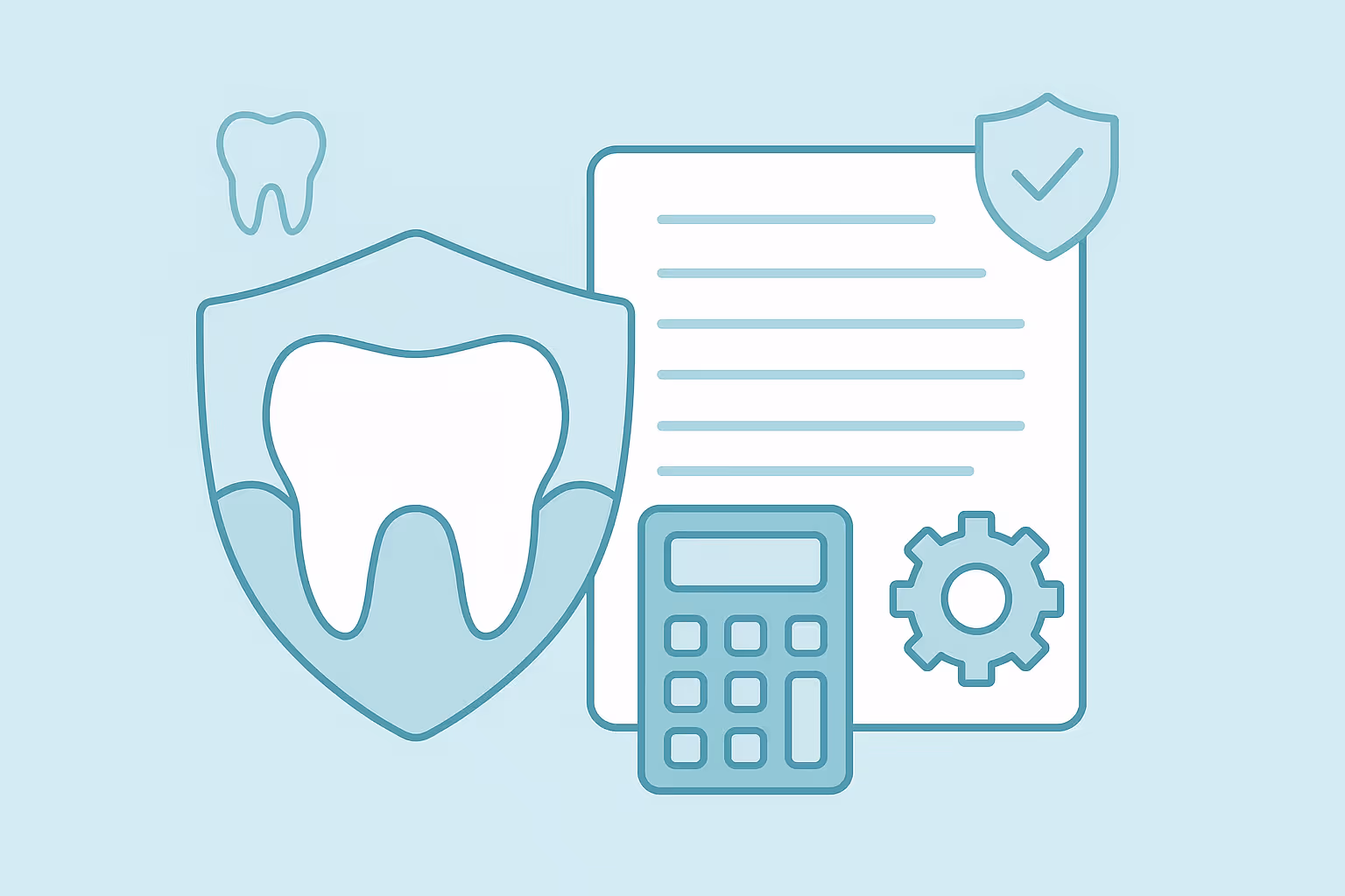 shield with tooth symbol beside document with text lines small shield with checkmark calculator and gear icon representing dental insurance coverage