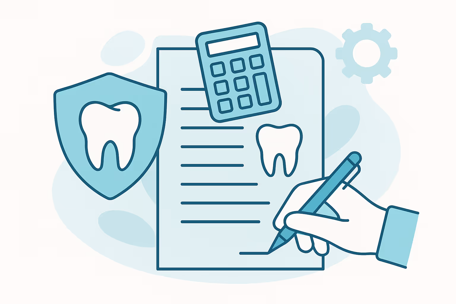 hand holding pen signing dental insurance document with tooth icon calculator overhead and shield with tooth icon in background