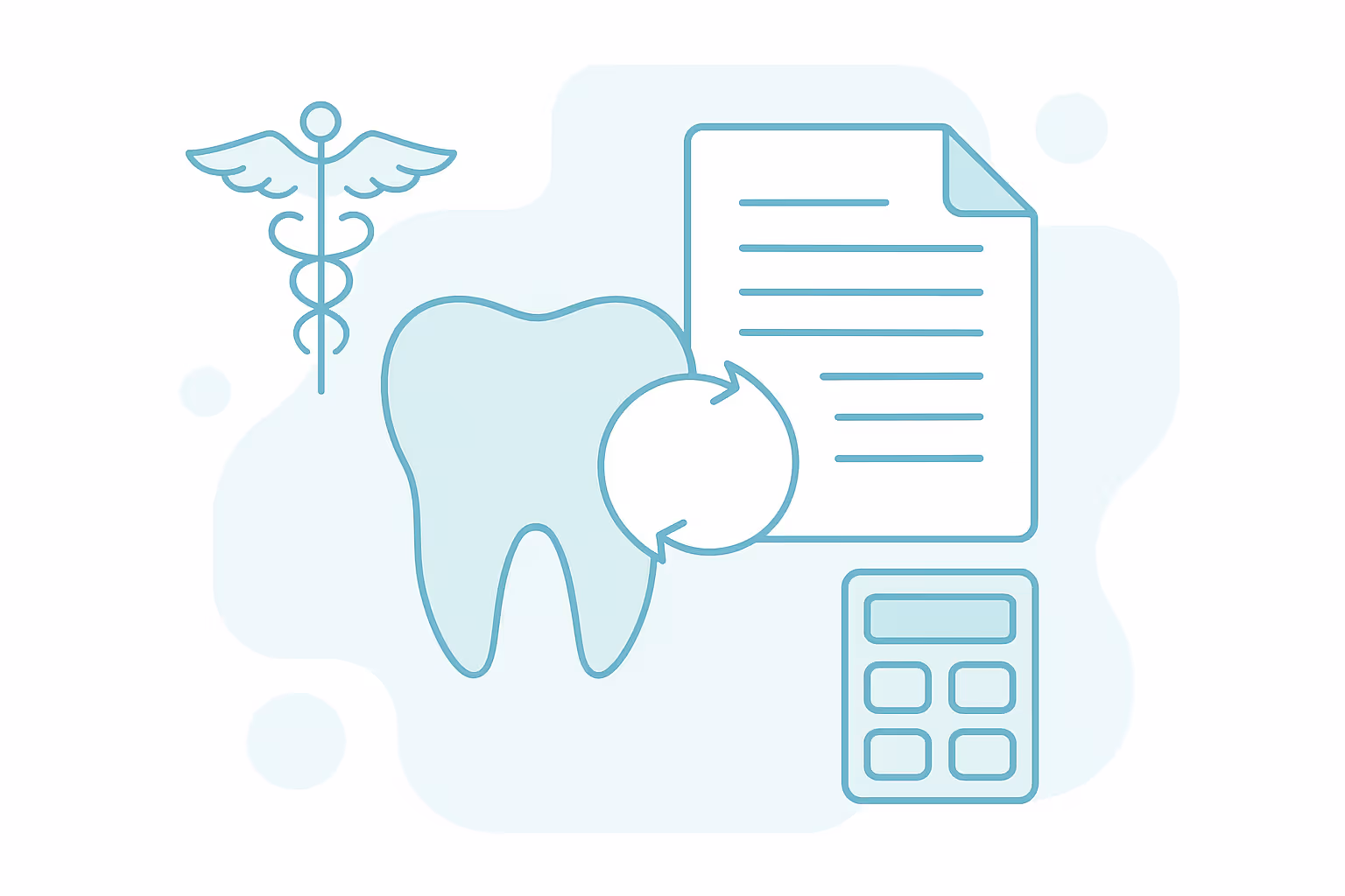 line drawing of a tooth next to a medical caduceus symbol a sheet of paper and a calculator connected by circular arrows symbolizing dental billing and insurance