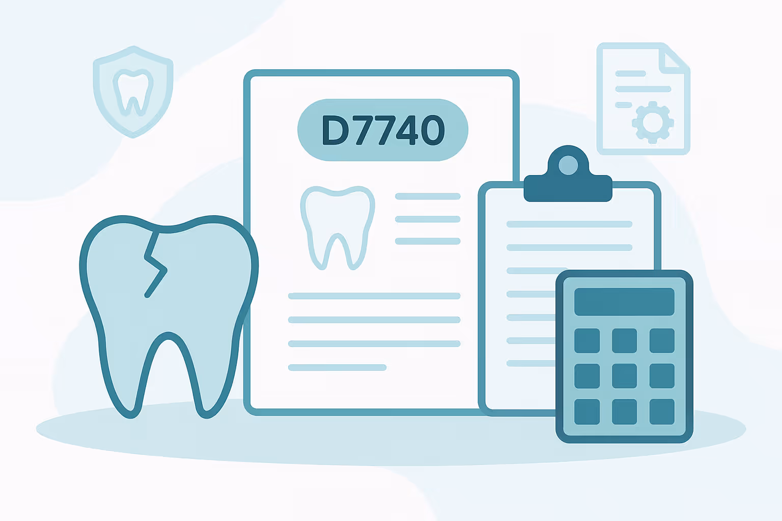 cracked tooth illustration next to a D7740 dental document with tooth icon clipboard and calculator representing extraction procedure and cost estimation