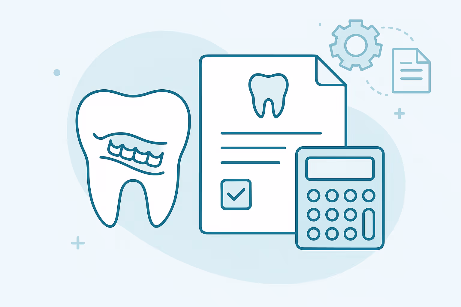 Stylized line art of a large tooth with smaller teeth inside next to a dental document showing a tooth icon and a checkbox and a calculator with gear and document icons in the background