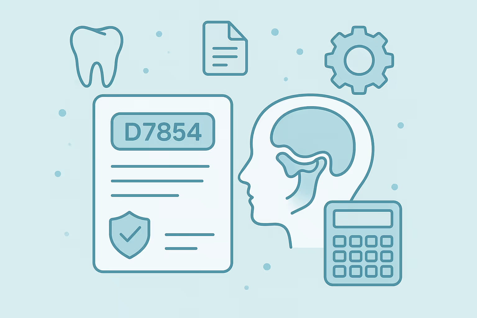 pastel teal background with icons of a document labeled D7854 bearing a shield with checkmark and lines of text a side profile of a human head showing a brain and inner ear a calculator a gear a sheet of paper and a tooth