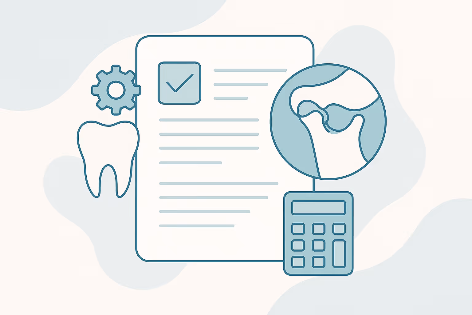 Flat illustration of a medical and dental insurance form with a checkmark icon and gear and tooth icon on left and bone joint graphic above calculator on right