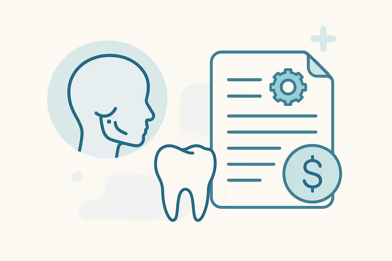 stylized illustration of a side profile of a human head next to a large tooth icon and a document with a gear symbol and a dollar sign representing dental plan costs