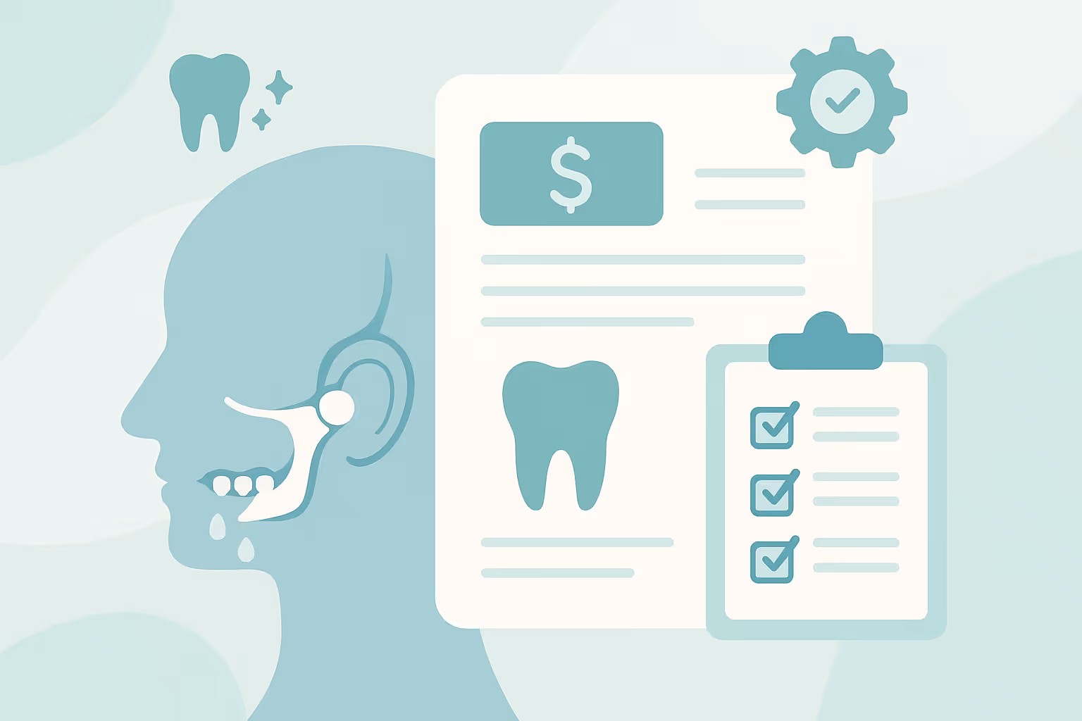 side view human head showing jaw joint and drooling beside form with tooth image dollar sign gear icon and checklist on clipboard