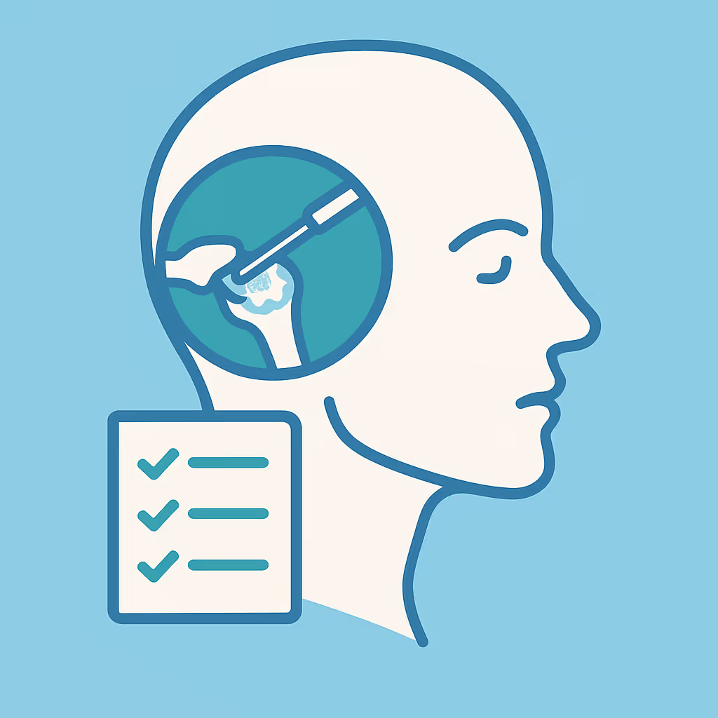 profile of a human head in side view with a circular inset at the ear showing a medical instrument operating on tiny ear bones alongside a list of three checked items