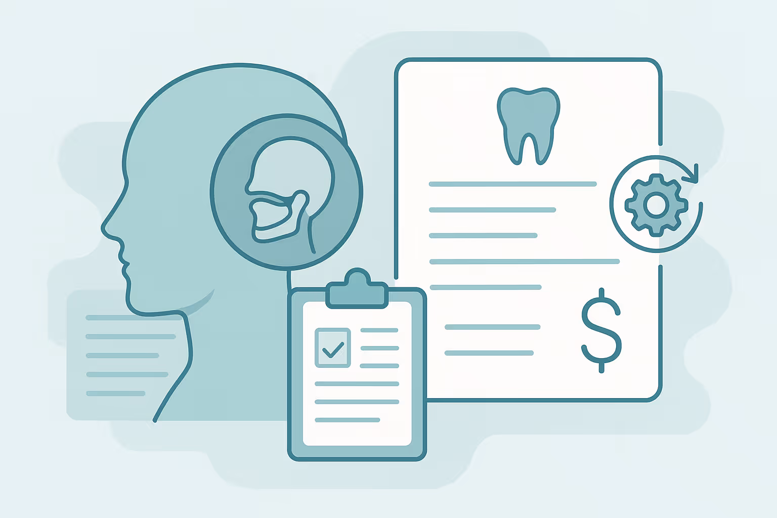 Side view of human head outline with inset circle showing jaw and throat anatomy beside a clipboard with checklist and a document displaying a tooth icon text lines gear symbol and dollar sign