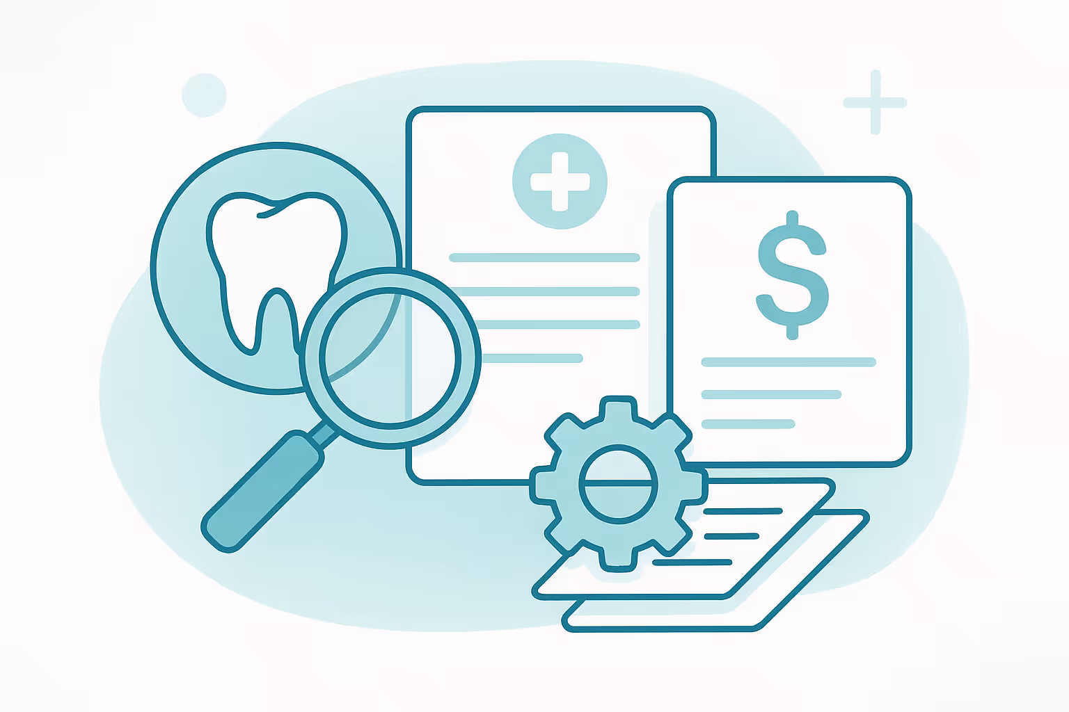 tooth under magnifying glass next to medical form billing document with dollar sign and gear icon on light teal abstract background