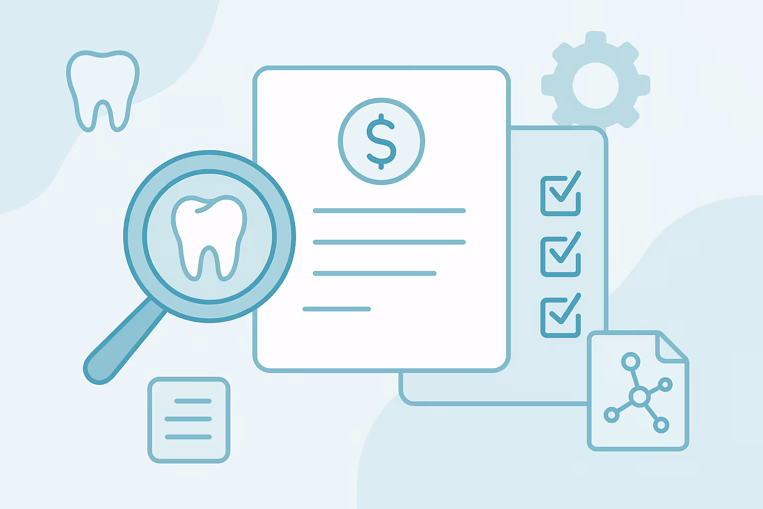 turquoise infographic depicting a magnifying glass over a tooth a document with a dollar sign a checklist a gear and a network diagram representing dental billing and analysis