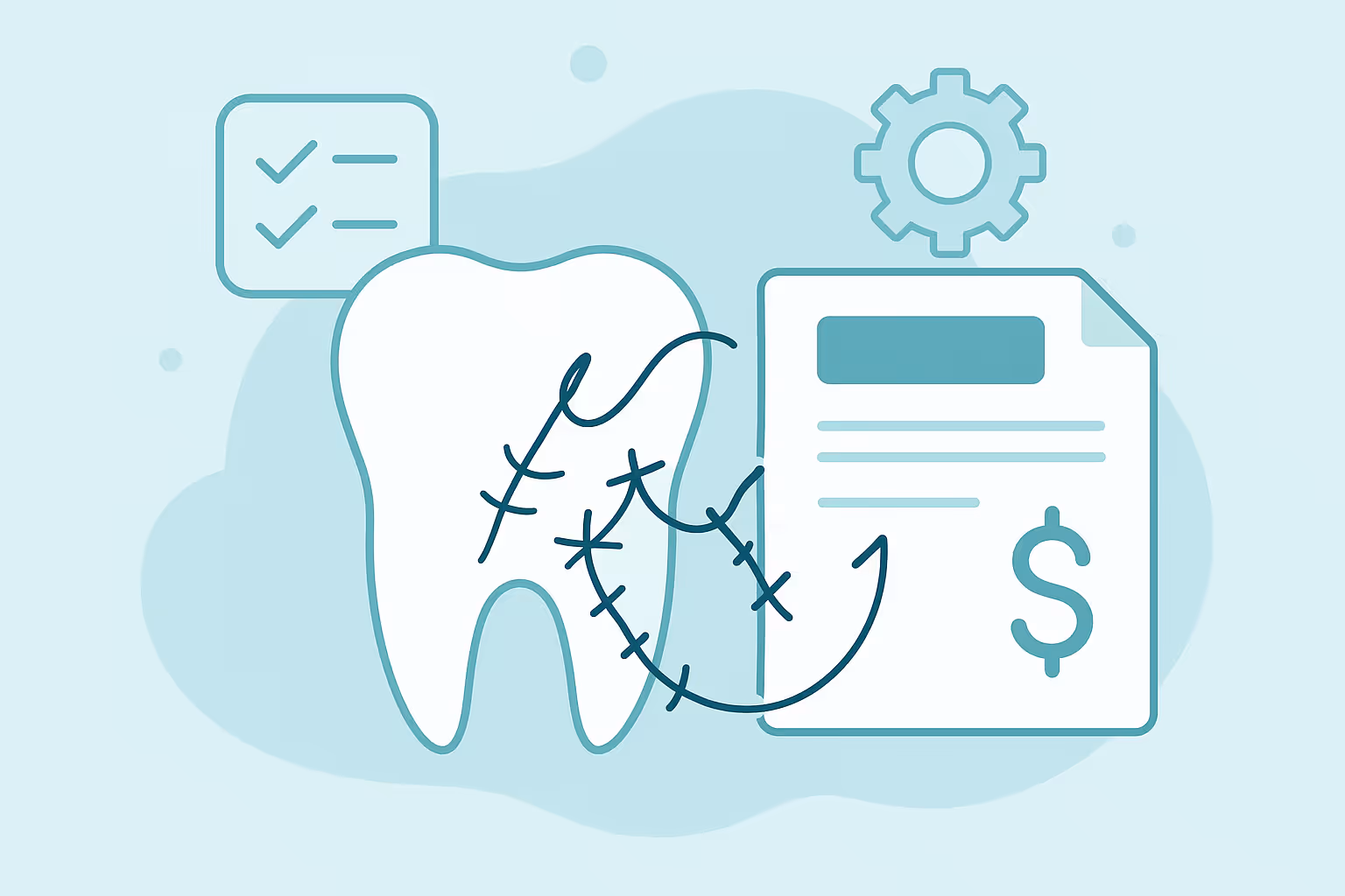 Illustration of a large molar tooth with stitches and an arrow connecting to a document displaying a dollar sign with background gear and checklist icons