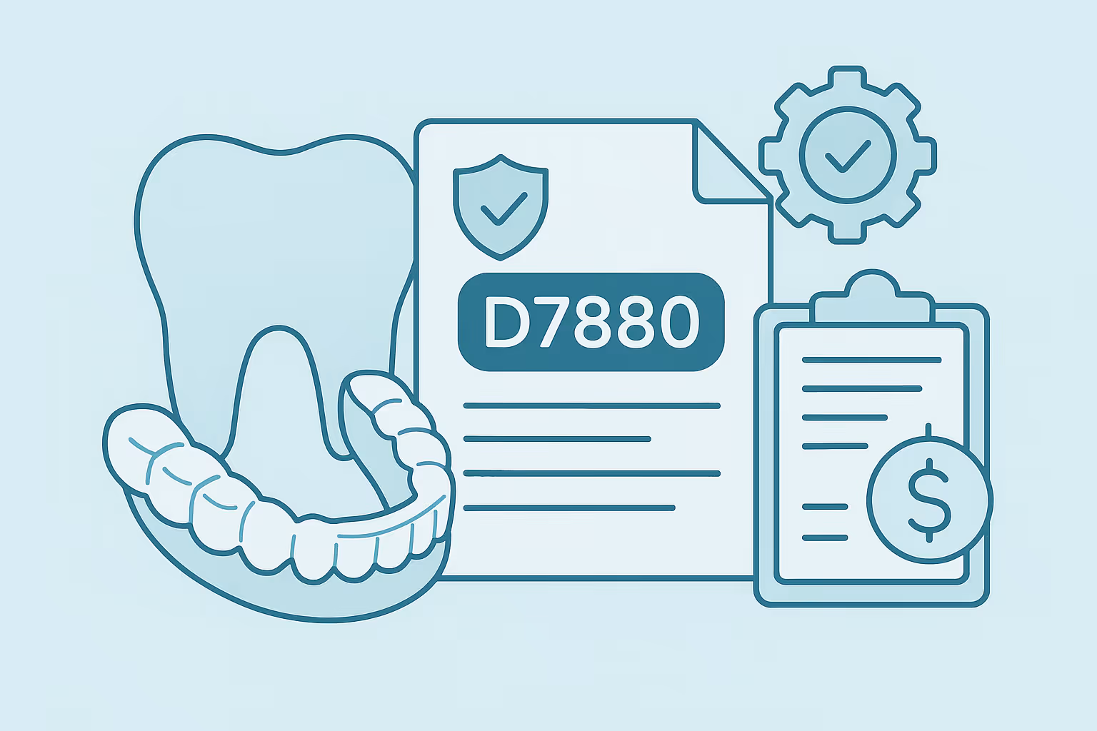 Line art illustration of a large tooth outline beside a clear lower dental aligner next to a document labeled D7880 with a shield checkmark a gear icon and a clipboard with text lines and a dollar sign