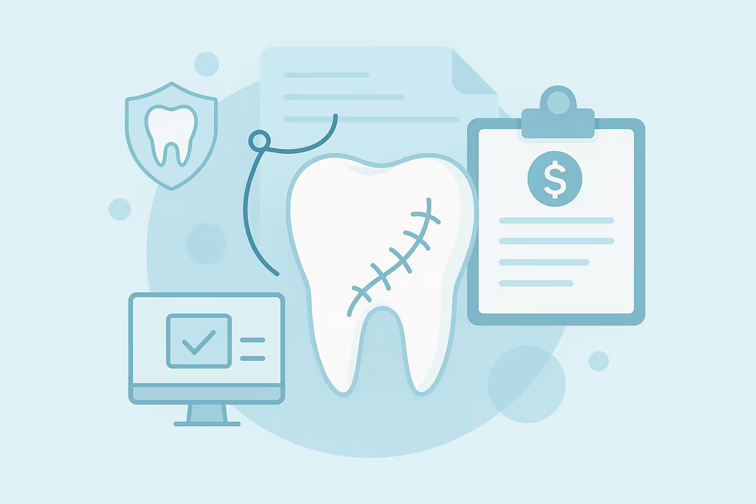 Illustration of a large white tooth with stitched repair line surrounded by a shield showing a tooth a computer monitor with a check mark a clipboard with a dollar symbol and a document icon against a soft blue background