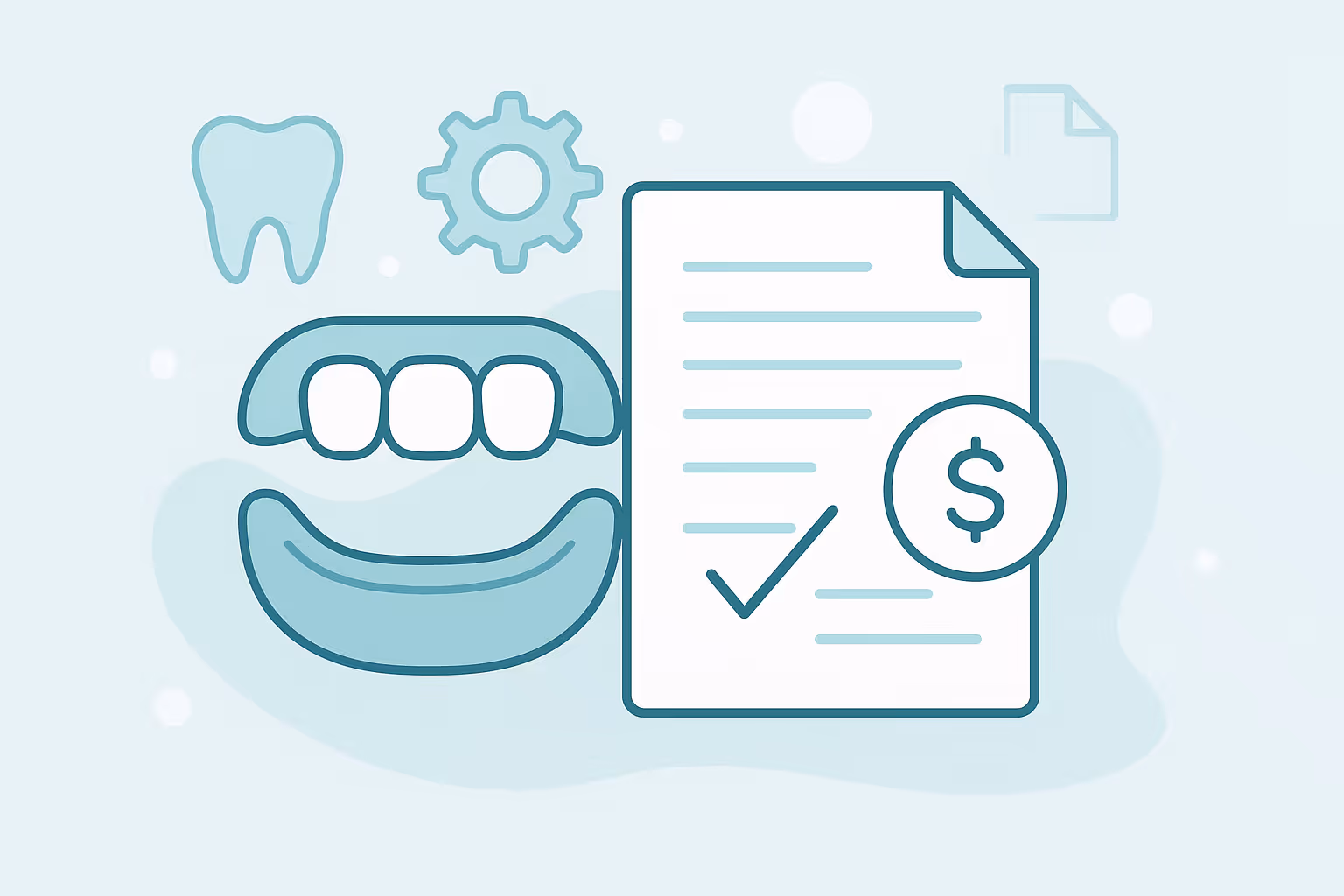 Vector illustration of dental insurance concept showing stylized upper and lower teeth molds beside a document with lines a checkmark and a dollar symbol with gear and tooth icons in the background