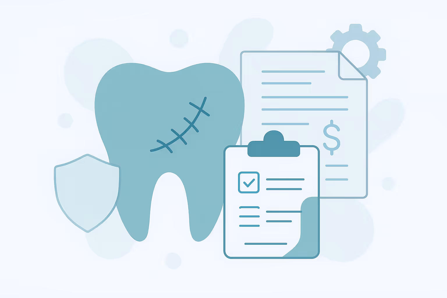 Vector illustration of a stitched tooth icon shield clipboard with checklist and insurance document with dollar symbol and gear