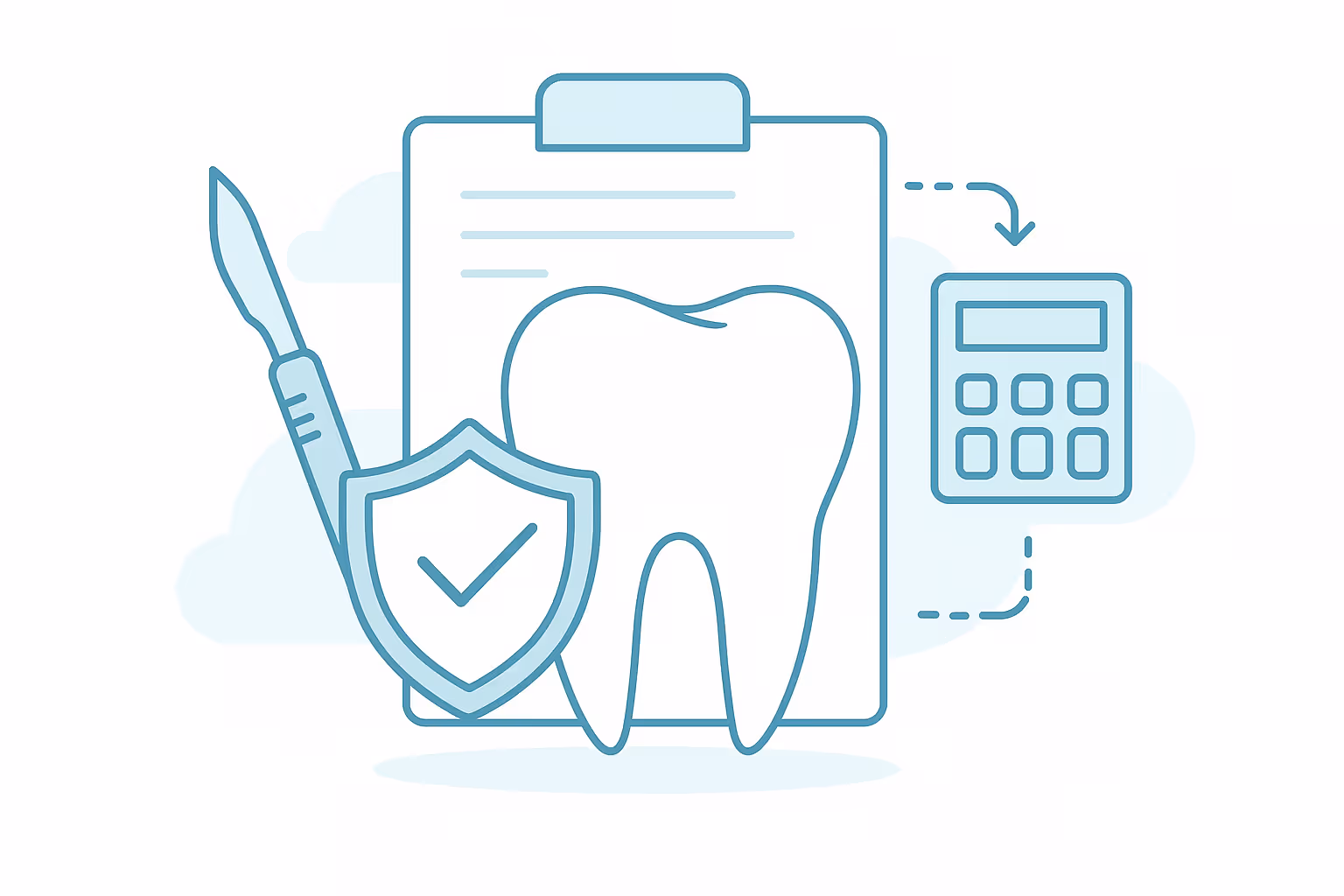 tooth shape on a clipboard next to a scalpel calculator and shield with checkmark symbolizing dental insurance coverage and cost estimation