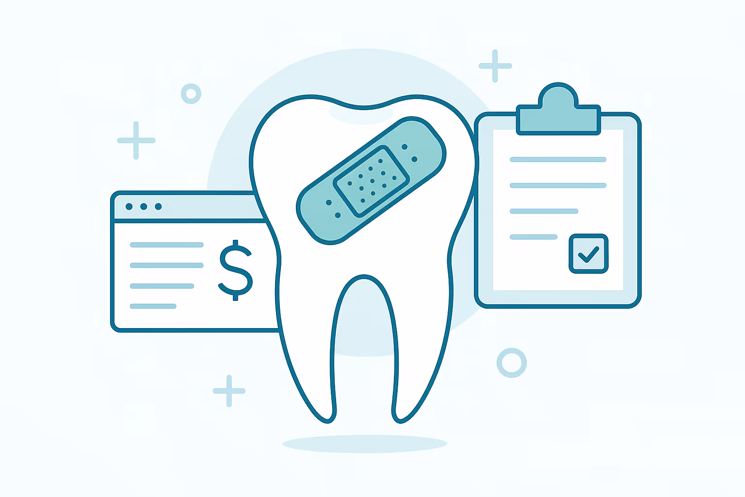 stylized illustration of a large white tooth with a teal adhesive bandage on its surface and a browser window icon showing a dollar symbol to the left and a clipboard with a check mark to the right on a light background