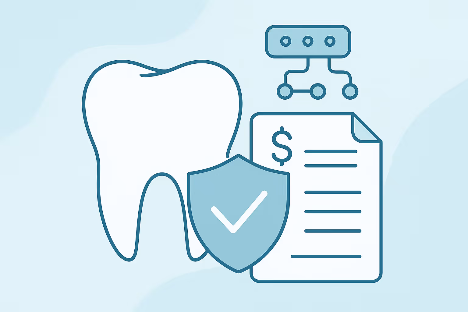 Vector illustration of a tooth beside a shield with a checkmark and a paper with a dollar sign and a network node diagram on a pale blue background