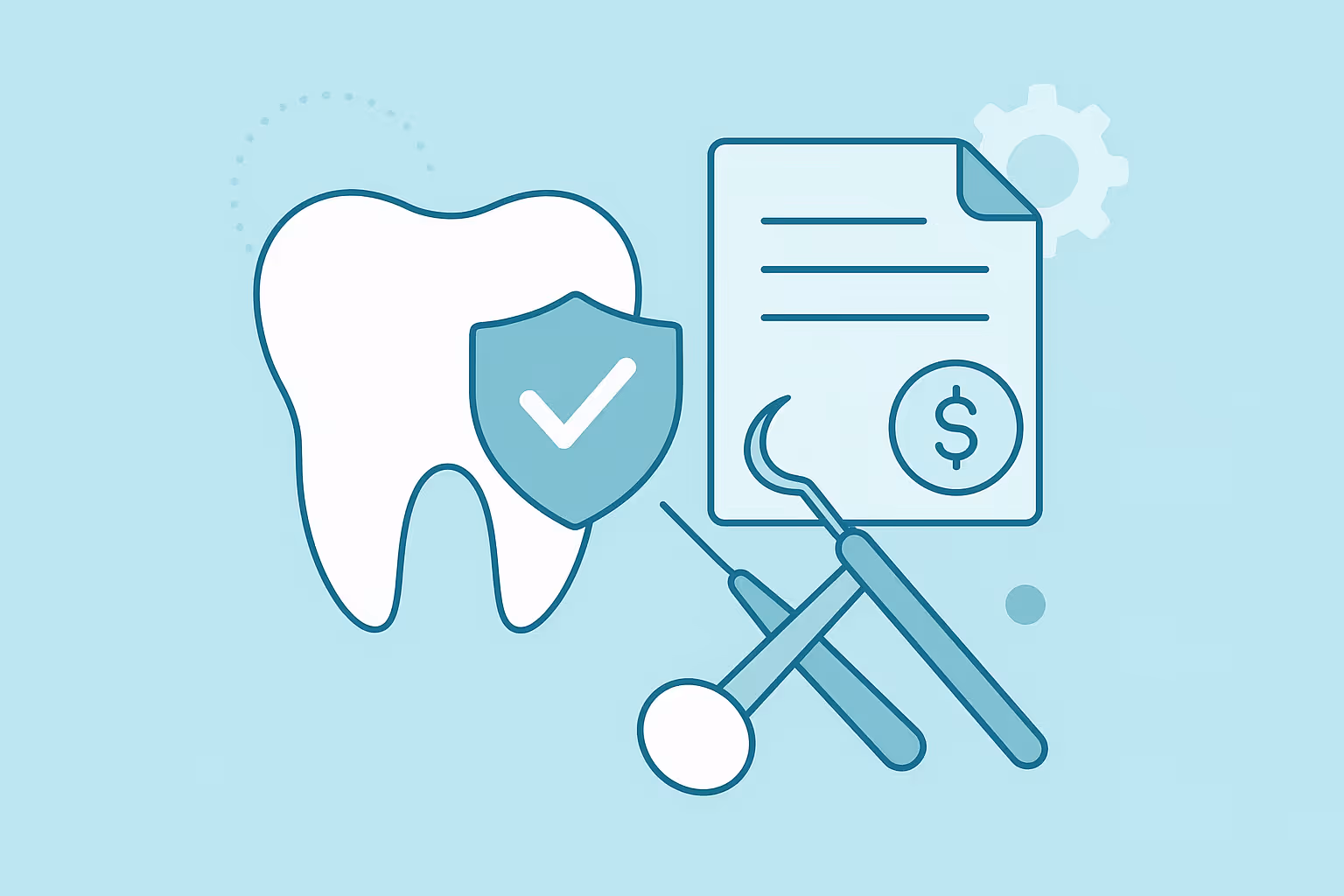 A stylized white tooth icon next to a teal shield with a check mark beside a paper document showing a dollar sign and several dental tools on a pale blue background